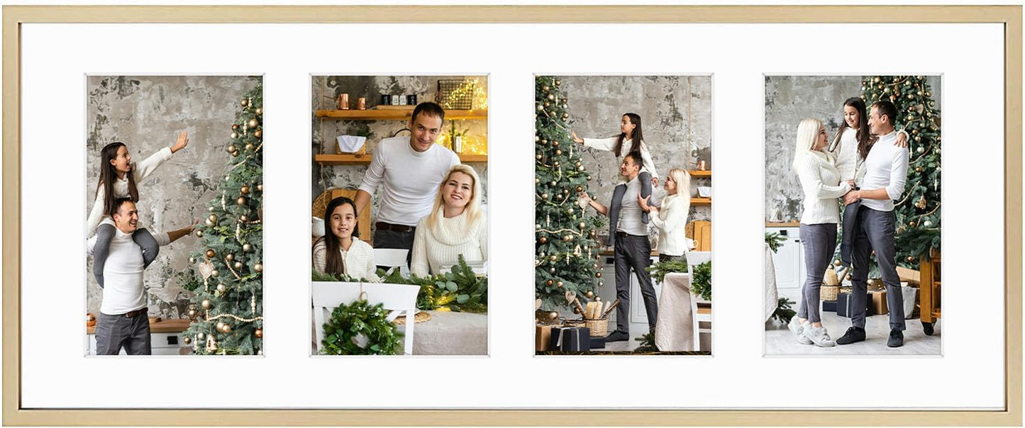 Frametory - 8x20 Aluminum Collage Picture Frame - Display 4x6 Pictures with 4 Openings Mat - Real Glass Front - Horizontal/Vertical Wall Mount - Gold 1 Pack