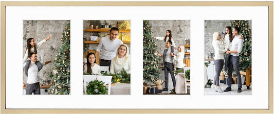 Frametory - 8x20 Aluminum Collage Picture Frame - Display 4x6 Pictures with 4 Openings Mat - Real Glass Front - Horizontal/Vertical Wall Mount - Gold 1 Pack