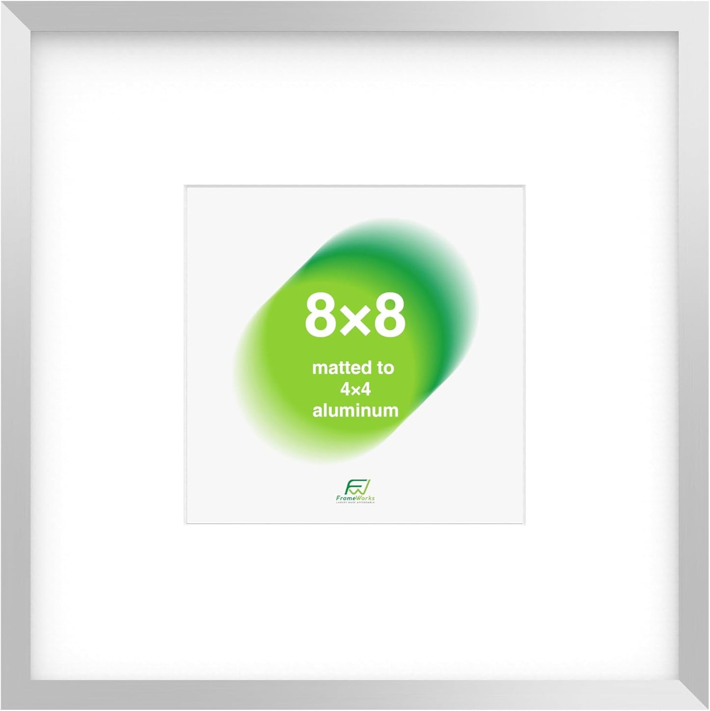 FrameWorks 8x8 Matted to 4x4 Picture Frame – Aluminum Frame w/Tempered Glass, Removable Mat for Photos, Posters, Art, Stylish Wall Frame for Home Decor, Gallery Walls, Office, Living Room - Silver