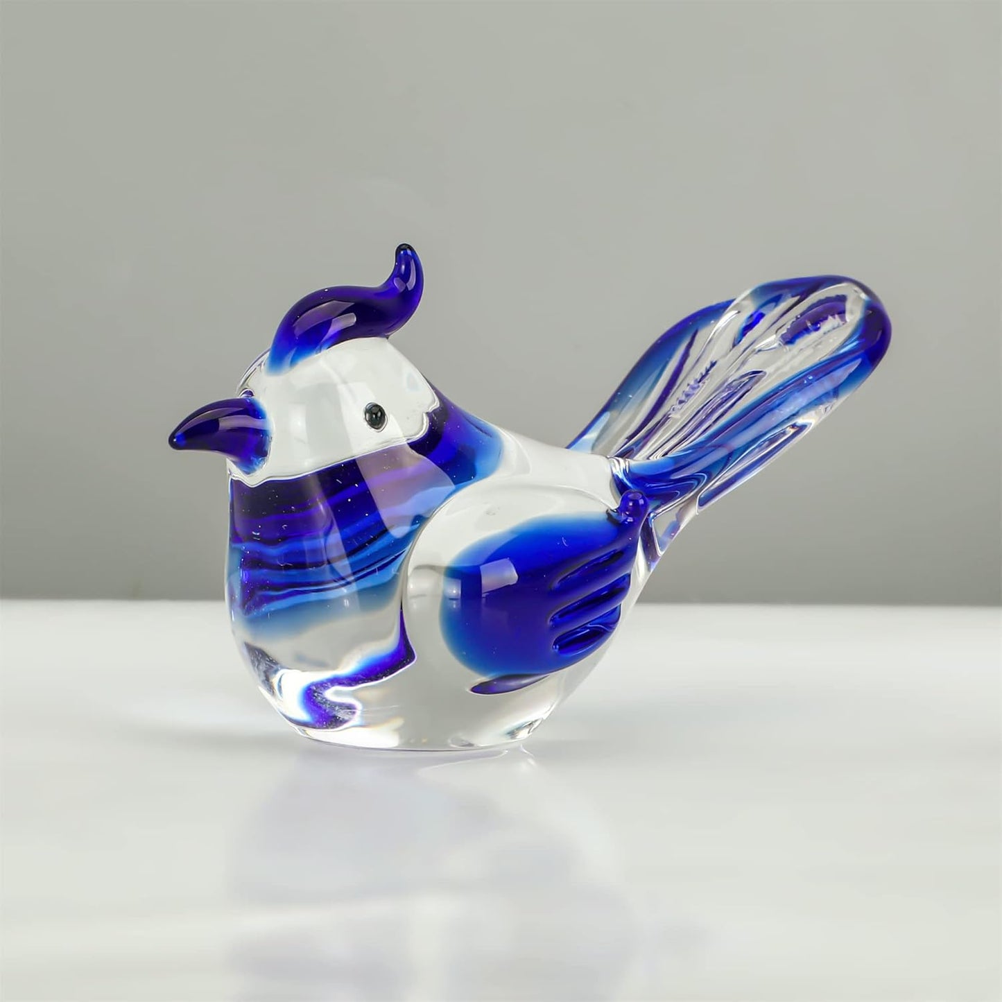 HDCRYSTALGIFTS 3.5inch Blown Glass Bird Figurines Collectibles Blue Jay Statue Ornament Decor Crystal Animal Paperweight Gift