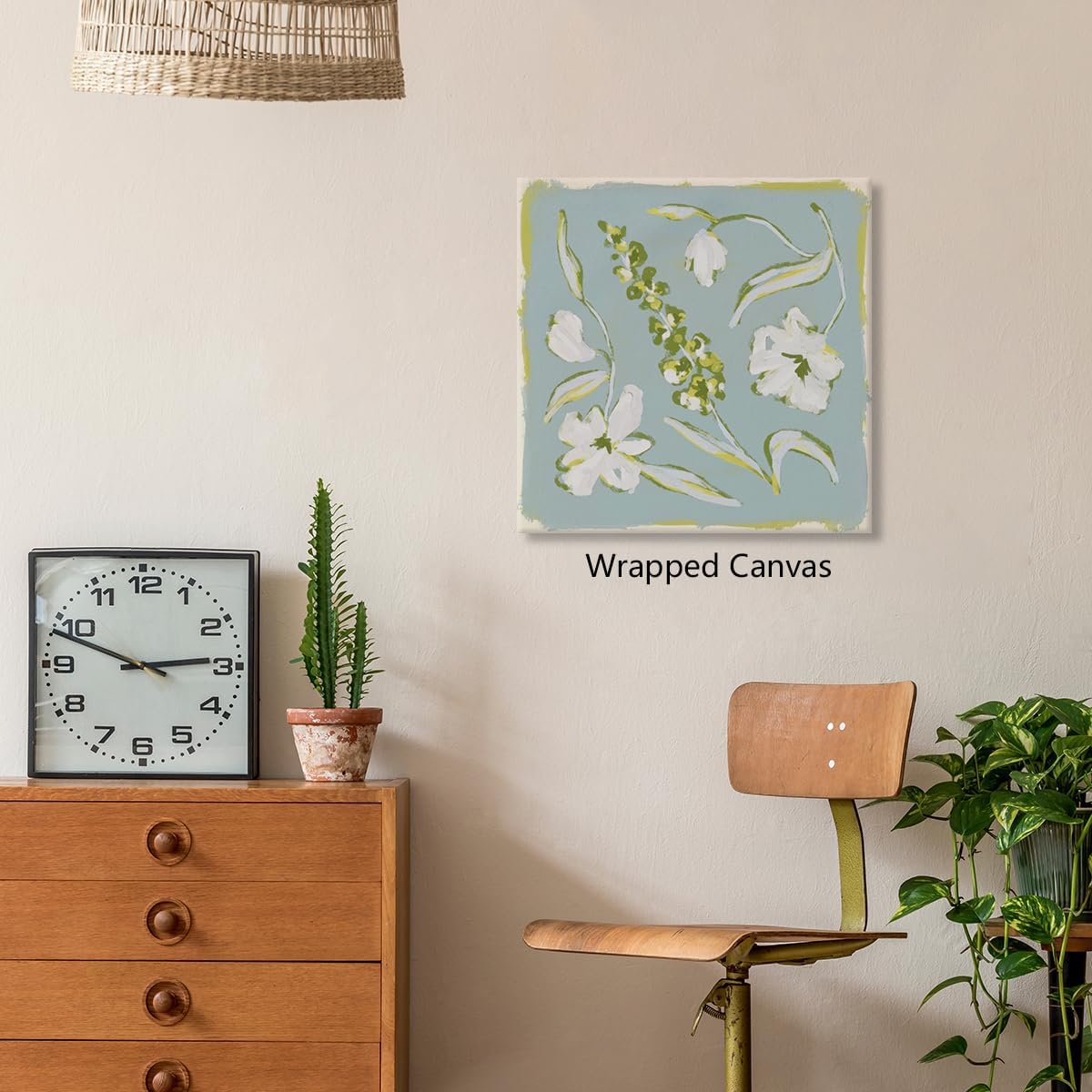 Flower Canvas Wall Art, Blue and Green Floral Aesthetic Poster, Chinoiserie Watercolor Botanical Print, Coastal Grandma Modern Southern Grandmillennial Plant Painting for Wall 16x16in Wrapped Canvas