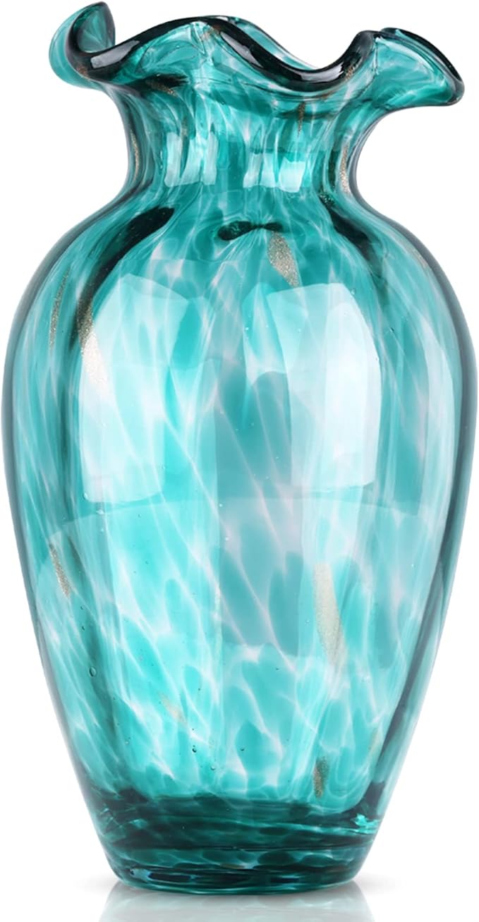 Blown Glass Art Vase - Green, Transparent, Unique, Modern - Wide Mouth for Living Room, Wedding, Dining Table, Office