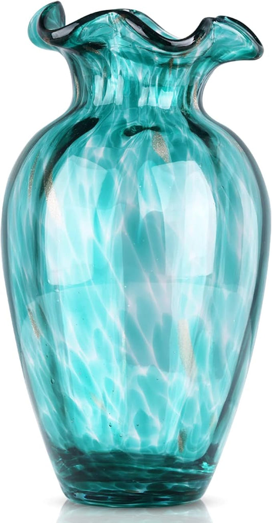 Blown Glass Art Vase - Green, Transparent, Unique, Modern - Wide Mouth for Living Room, Wedding, Dining Table, Office