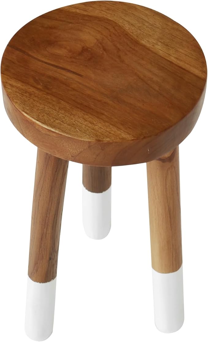Teak Wood 9" Round Plant Stand |Dip Dyed Plant Stand |Accent Stool |Milking Stool |Bath Stool |Small Side Table (16" Tall White)