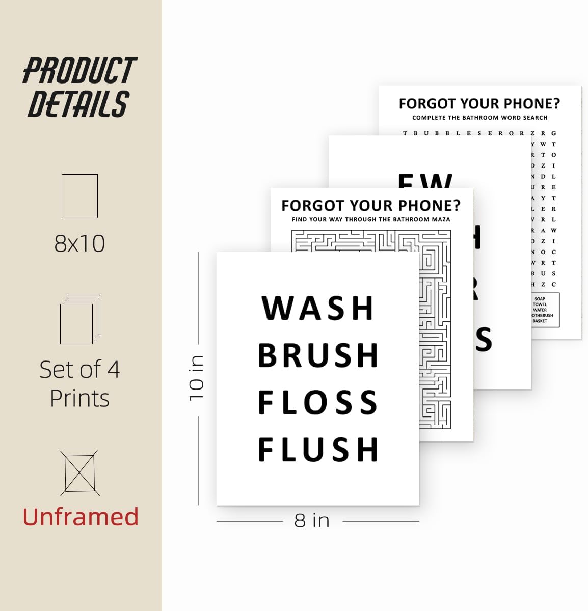 ETVISO Funny Bathroom Decor Wall Art Set of 4, Funny Crossword Puzzle Wall Art, Funny Forget Your Phone Sign, Bathroom Word Search Wall Decor, 8x10 (Unframed)