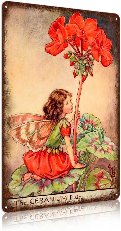 Flower Fairy Wall Decor Vintage Metal Tin Signs Fairy Garden Accessories - The Geranium
