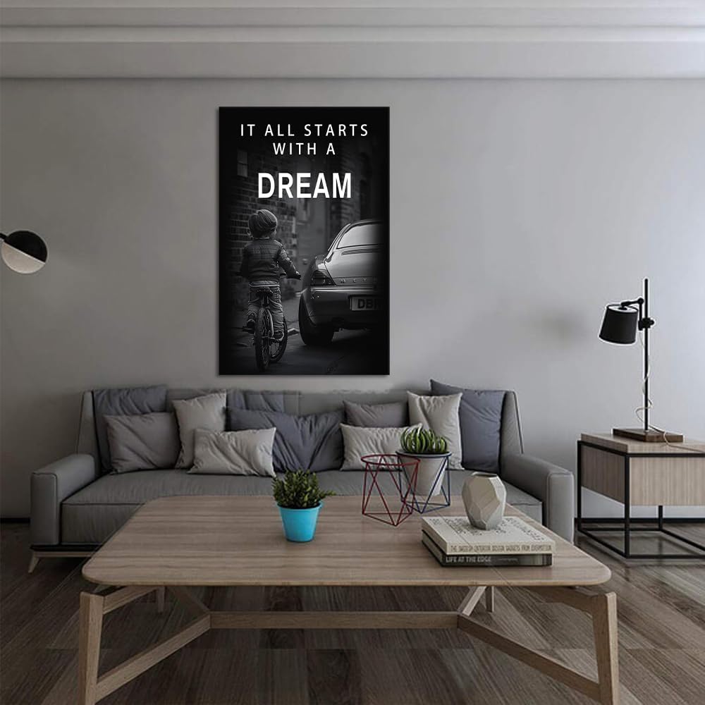 Large Inspirational Office Poster Canvas Wall Art It All Starts with A Dream Motivational Signs for Office School Black White Creative Nordic Positive Artwork Workplace Gym Decor Framed Art-28 inch x