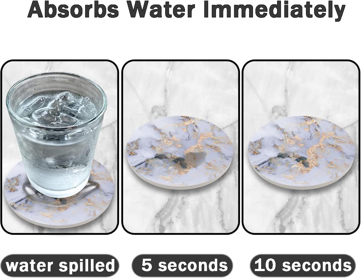 DOOKE Drink Coasters Set of 6, Round Absorbent Ceramic Stone Coasters with Cork Base, Funny Drink Coasters with Holder for Cold Drinks Wine Mugs and Cups, 4 Inch, Marble