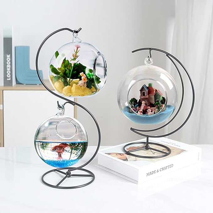 Hanging Stand Iron S-Shape Display Stand for Planter Terrarium Witch Ball Christmas Ornament (Black, 3 Levels)