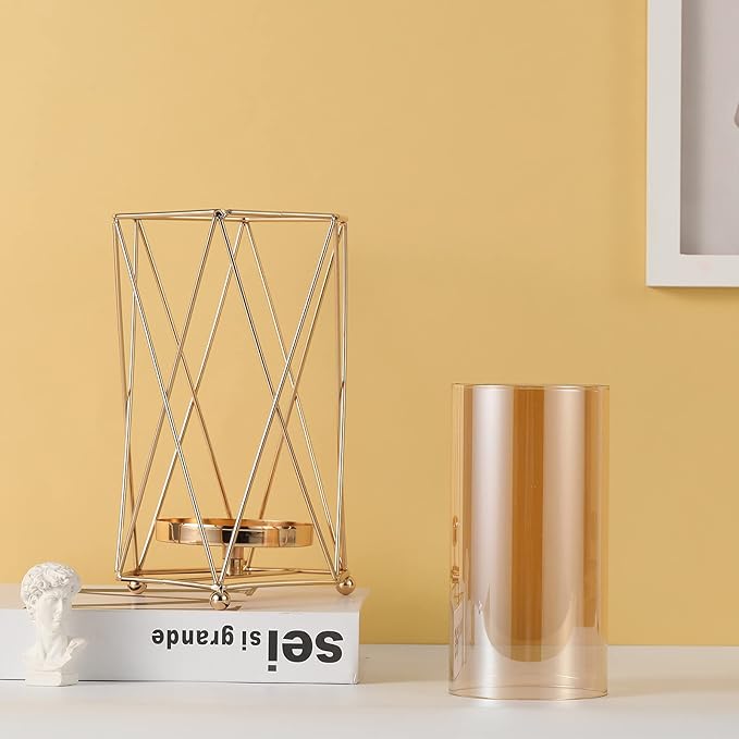 Cosylove Geometric Glass Vase with Metal Bracket, Crystal Transparent Inner Vase, Hand-Plated Geometric Metal Vase, Rose Gold Vase Decoration for Home Office Wedding Holiday Party Gift