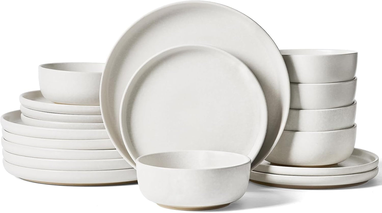 Famiware Milkyway Plates and Bowls Sets, 18 Pieces Dinnerware Sets, Reactive Glaze Dish Set, Stoneware Dishes Set for 6, Matte Beige White