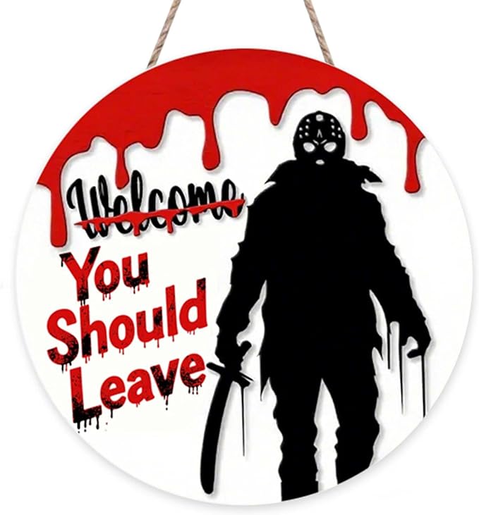 Halloween Welcome Sign for Front Door Welcome You Should Leave Horror Scream Front Door Halloween Decor Sign Ghost Face Wall Decoration for Indoor Outdoor 12×12in