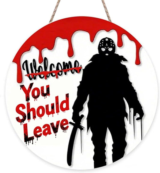 Halloween Welcome Sign for Front Door Welcome You Should Leave Horror Scream Front Door Halloween Decor Sign Ghost Face Wall Decoration for Indoor Outdoor 12×12in