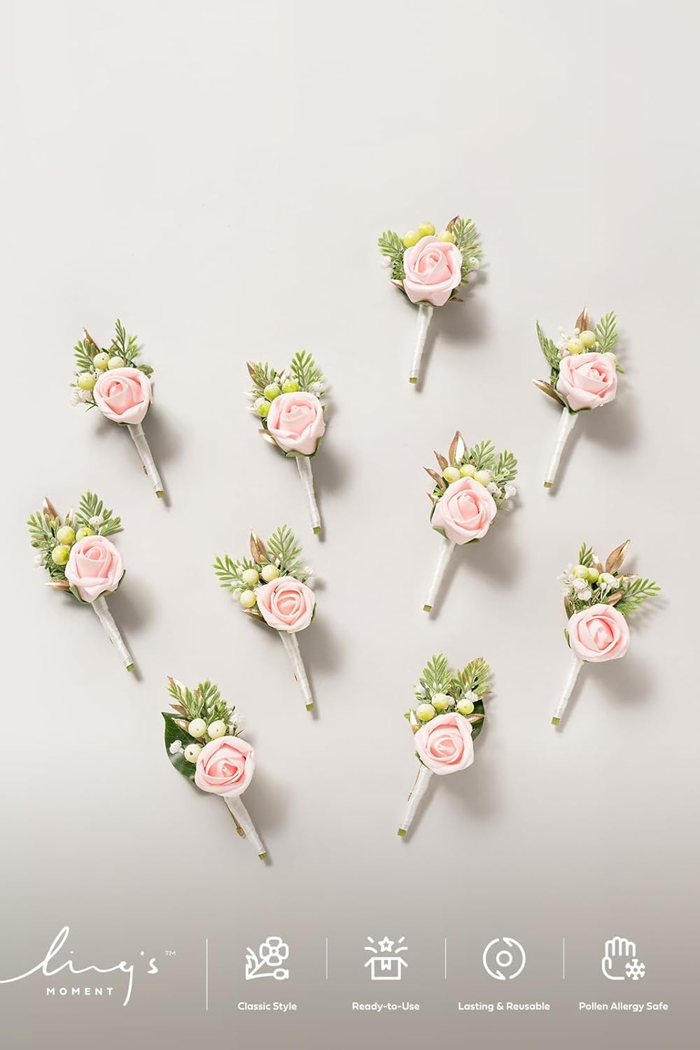 Ling's Moment Boutonniere for Men, 10pcs Groomsmen Guest Boutonniere, Artificial Flowers for Wedding Décor/Prom/Homecoming,etc.Blush Pink