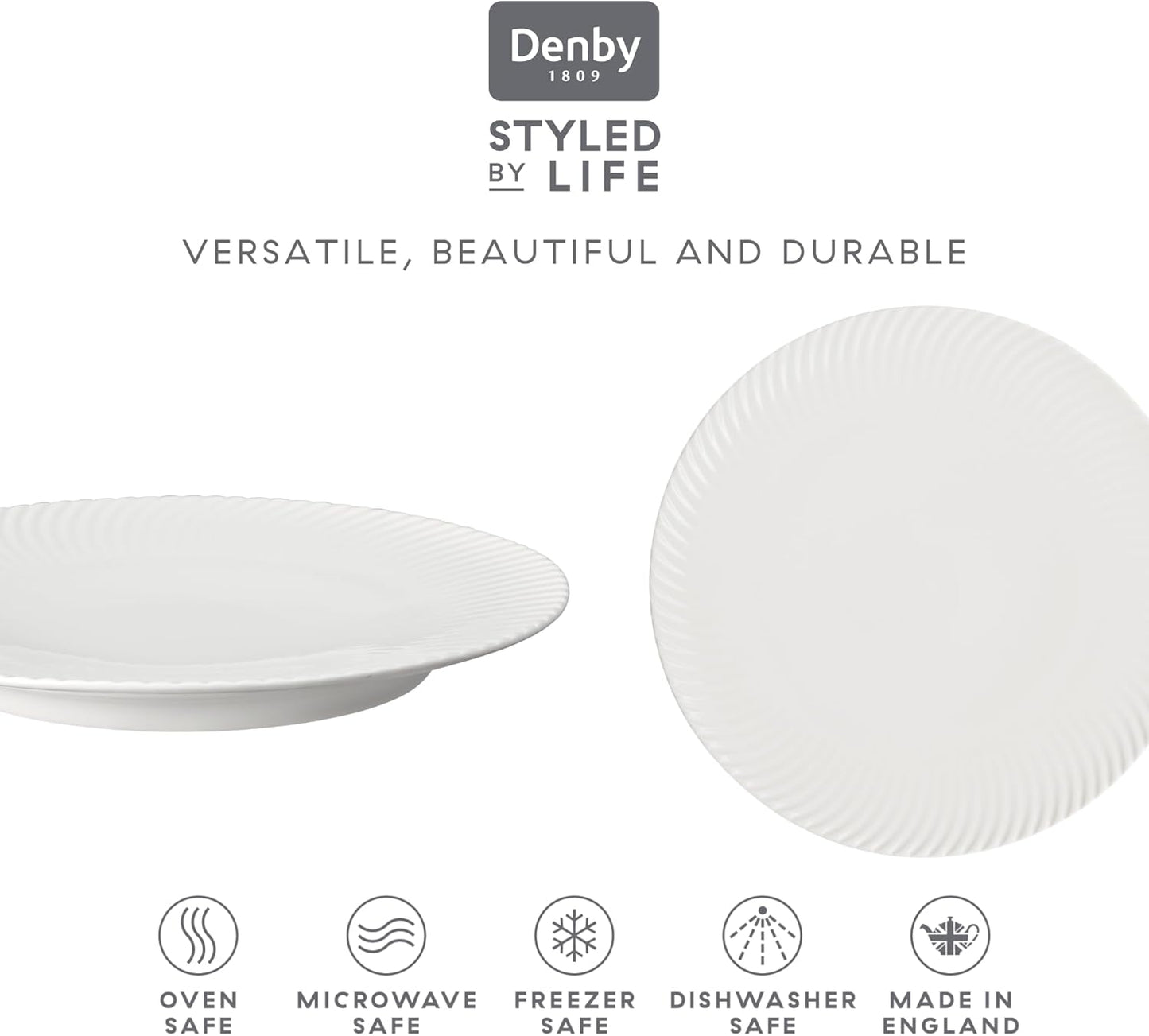 Denby - Arc White Porcelain Dinner Plates Set of 6 - Dishwasher Microwave Safe, 10.8" Large White Plates With Curve Design - Scratch Chip Resistant Tableware