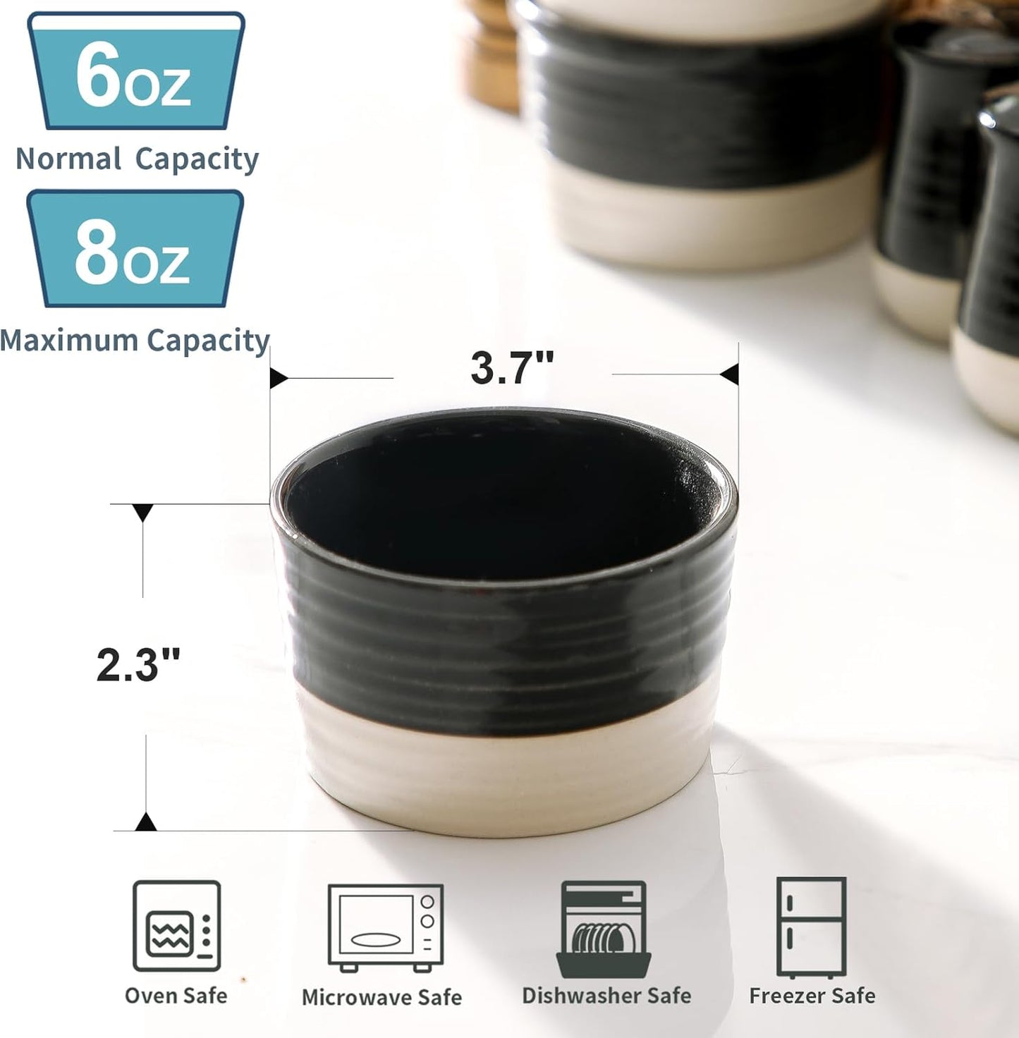 Hasense Ramekins 8 oz, Ceramic Creme Brulee Souffle Ramekins Set of 6, Baking Dishes Oven Safe, Mini Bowls for Pudding, Lave Cake, Pot Pie, Dipping Sauces, Black