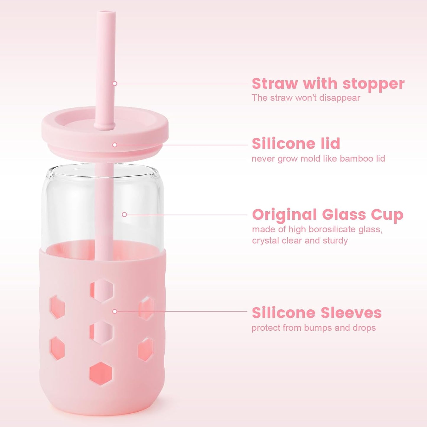 Glass Cups with Silicone Lids and Straws (4 Pcs), 16oz Drinking Glasses Set with Silicone Sleeves for Coffee Bar Accessories Iced Coffee Cups with Lids, Glass Tumbler Reusable for Gifts