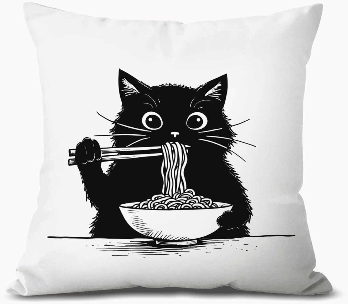 Funny Black Cat Pillow Covers 18x18, Cat Room Decor, Cute Black Kitten Eating Japanese Noodles Decorative Throw Pillow Covers Pillowcases for Bedroom Living Room Home Decor