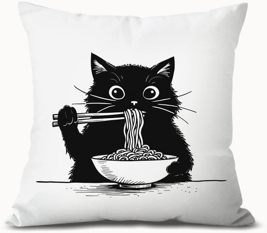 Funny Black Cat Pillow Covers 18x18, Cat Room Decor, Cute Black Kitten Eating Japanese Noodles Decorative Throw Pillow Covers Pillowcases for Bedroom Living Room Home Decor