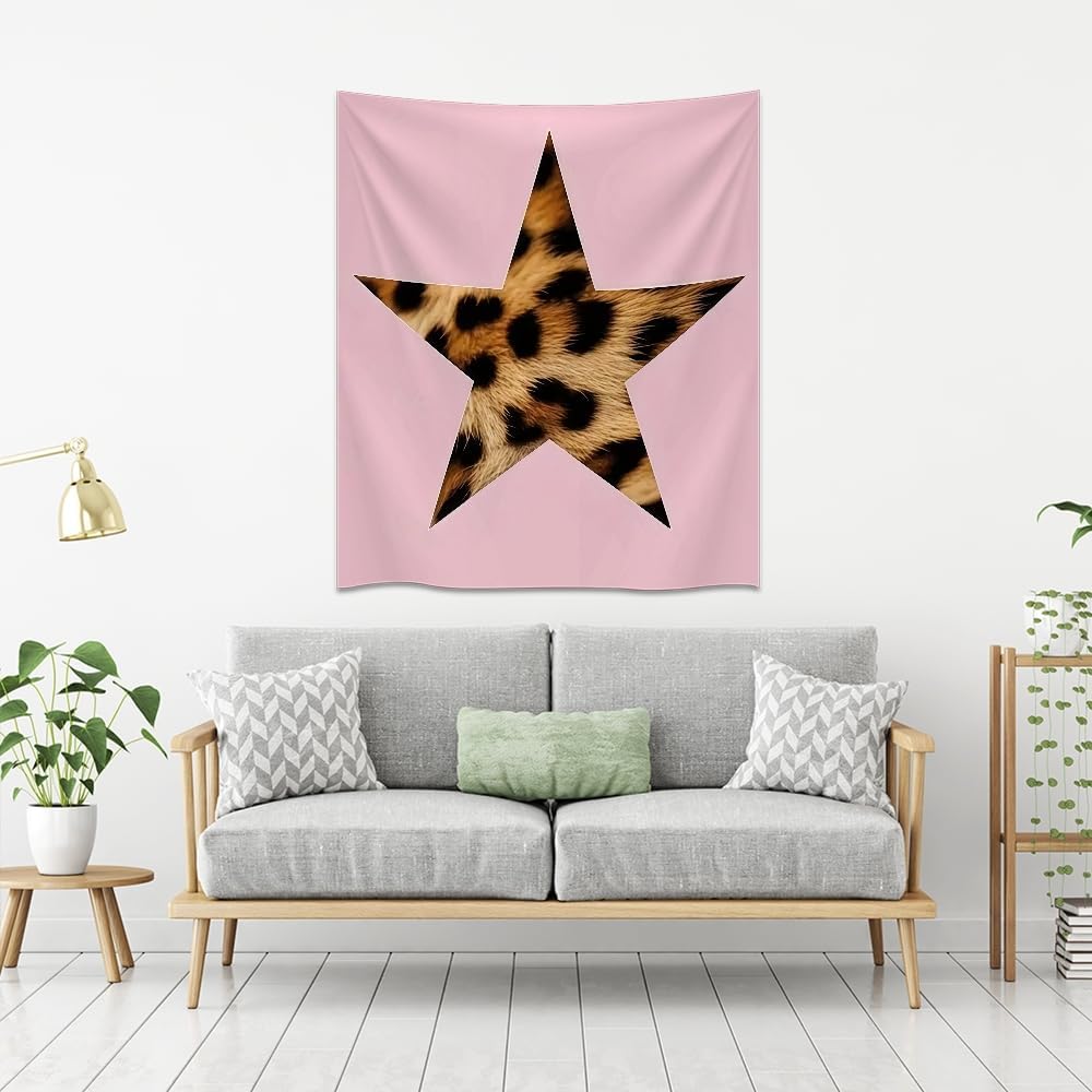 Medpol Pink Leopard Star Tapestry, Boho Chic Fashion Wall Hanging Trendy Animal Print Star Decor Tapestries Stylish Pink Aesthetic Wall Art for Bedroom Living Room 60x90inch