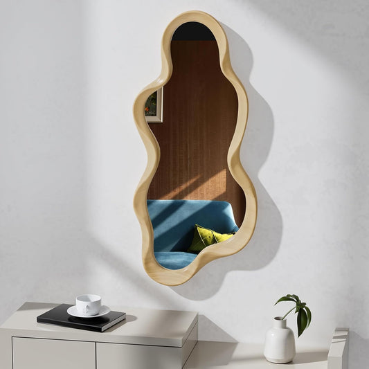Irregular Wall Mirror, Wooden Framed Wall Asymmetrical Wavy Wall Mirror for Living Room Bedroom Entryway Bathroom Modern Decorative with Hanging Hooks 30x14 Inch