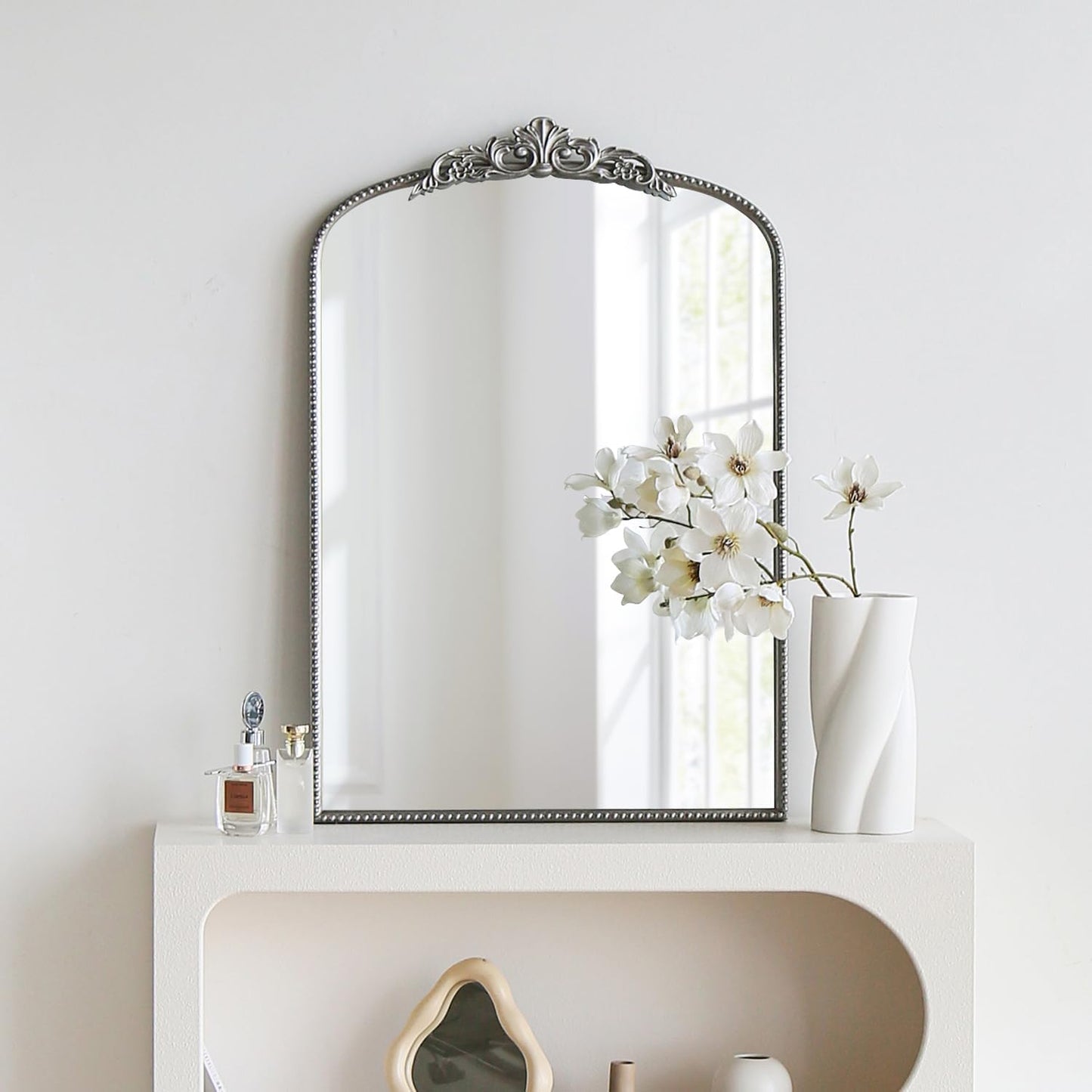 Micasso Vintage Traditional Silver Mirror: French Baroque Antique Mirror - Ornate Decorative Arched Mirrors for Wall/Bathroom/Entryway/Fireplace/Hallway - Home Decor for Living Room