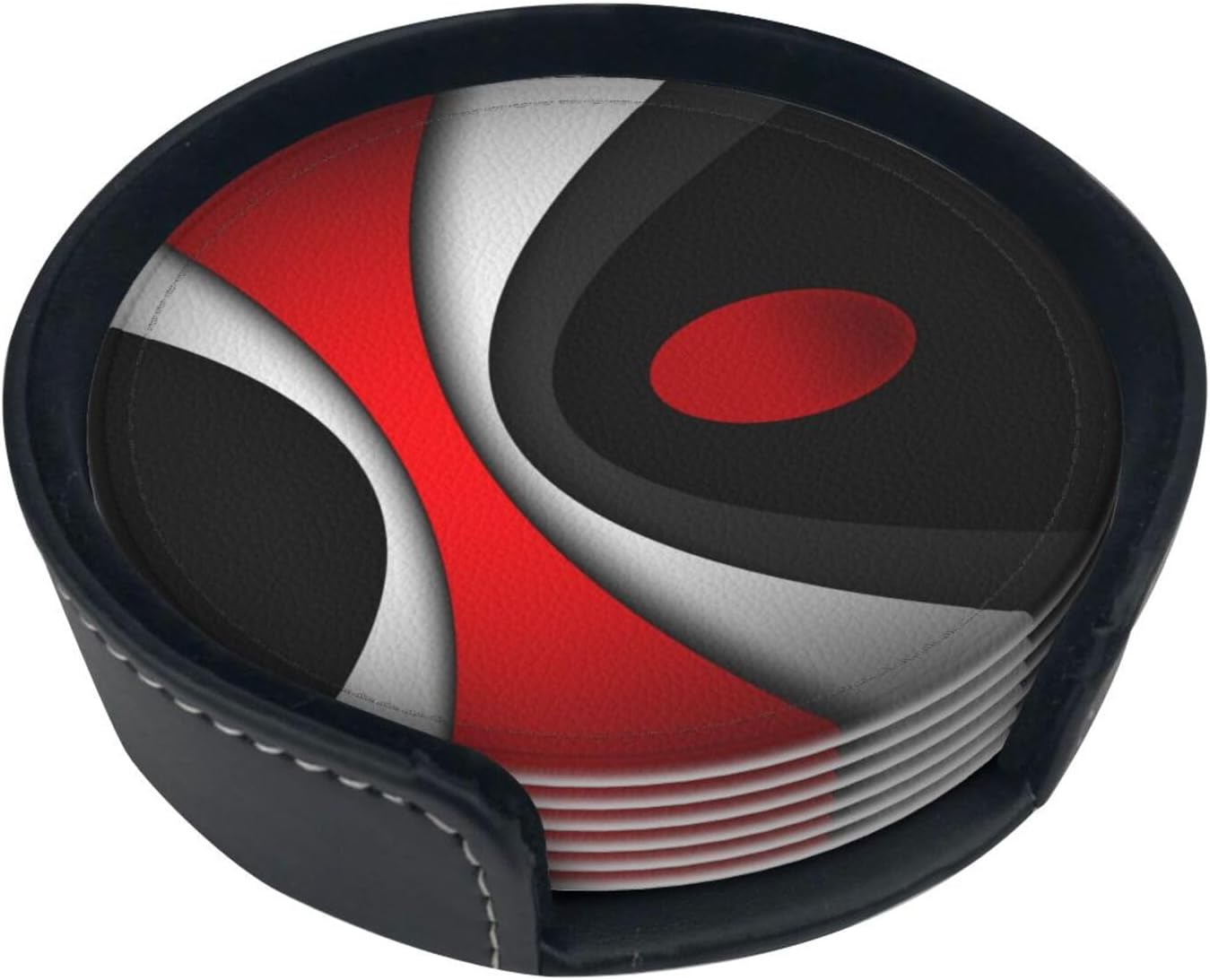 Black in Modern Abstract Red Leather Drinks Coasters with Holder, Set of 6, Suitable for Various Cups