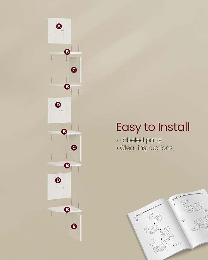 VASAGLE Corner Shelf Wall Mount, 5-Tier Floating Corner Bookshelf, Plant Shelf for Bedroom, Living Room, Bathroom, Home Office, Rustic White