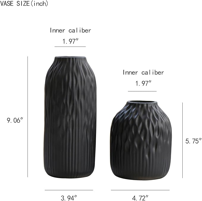 Black Ceramic Flower Vase Set of 2, Porcelain Cylindrical Dried Flowers Holder, Decorating for Drawing Room/Table/Study/Office Entryway, Modern Simple Boho Style (Black)