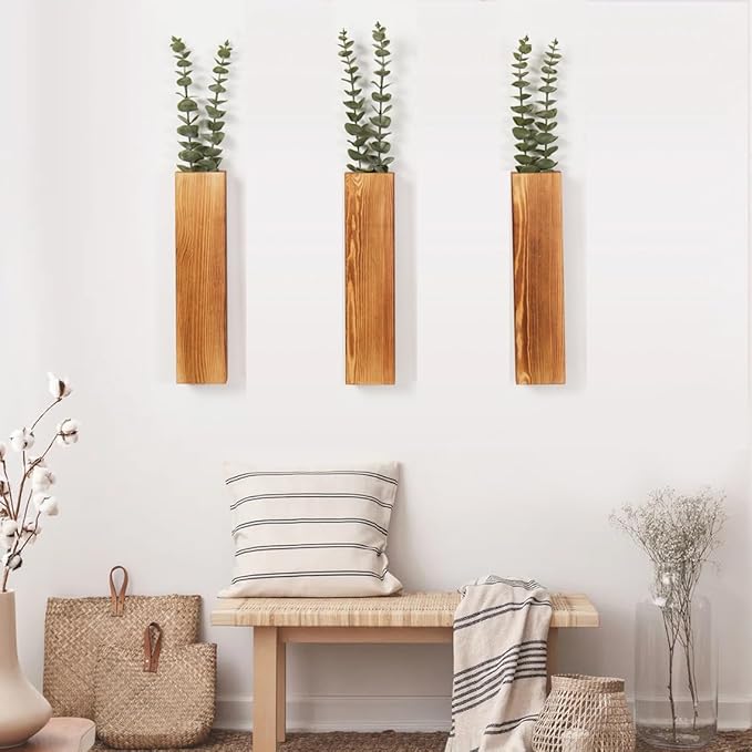 3-Pack Wood Wall Planters with 6 Removable Faux Eucalyptus Stems - Modern Farmhouse Wall Decor for Living Room, Bedroom, Bathroom - Wooden Wall Vases and Fake Eucalyptus for Home Office Decor