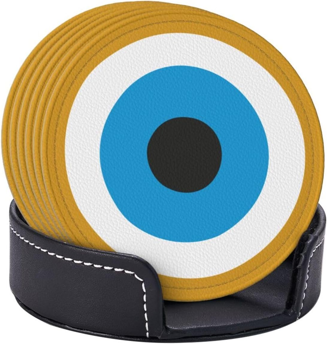 Evil Eye Themed Leather Drink Coasters Set of 6 with Holder Round Cup Coaster for Table Decor