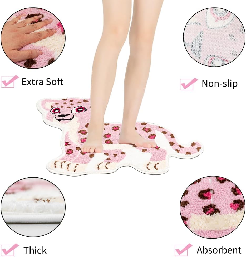 Fun Pink Leopard Bath Mat for Bathroom, Cute Leopard Cartoon Bath Rugs Non Slip Animal Shaped Absorbent Preppy Bathtub Rug Bathroom Decor Aesthetic Plush Shower Rugs Machine Washable 23.6x39.3in