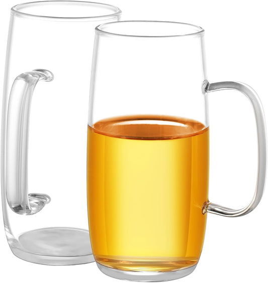 Glass Tea Cups Set of 2-13.5 Oz Clear Borosilicate Teacups with Handle Tea Glasses for Hot/Cold Dishwasher & Microwave Safe Large Coffee Mugs for Cappuccino Latte Juice Espresso Milk