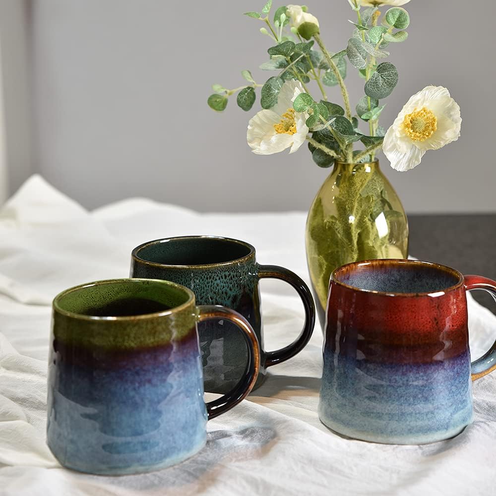 Large Ceramic Coffee Mug, Pottery Mug,Tea Cup for Office and Home,Handmade Pottery Coffee Mugs,16.5 Oz,Dishwasher and Microwave Safe,kiln altered glaze craft (Dark Green)