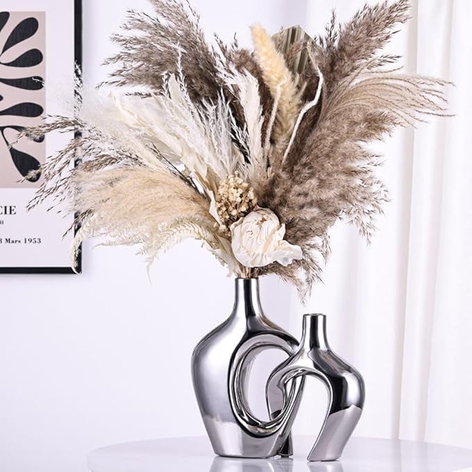 Silver Hollow Ceramic Vases Set of 2 - Modern Nordic Boho ins Style Vases for Decor, Decorative Pampas Grass Flower Vases for Wedding, Living Room, Office, Entrance, Dining Table Decor Centerpieces