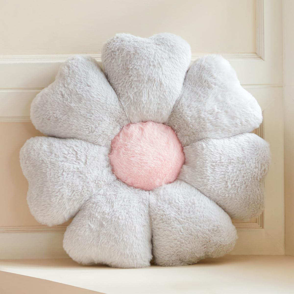 Flower Pillow, Light Grey Daisy Flower Decorative Pillows for Bed, Cute 19.6" Flower Shaped Pillow with Soft Faux Rabbit Fur Dorm Home Decor Floor Seating Cushion