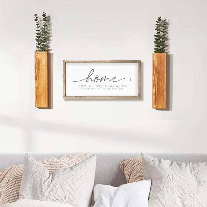 2-Pack Wood Wall Planters with 4 Removable Faux Eucalyptus Stems - Modern Farmhouse Wall Decor for Living Room, Bedroom, Bathroom - Wooden Wall Vases and Fake Eucalyptus for Home Office Decor