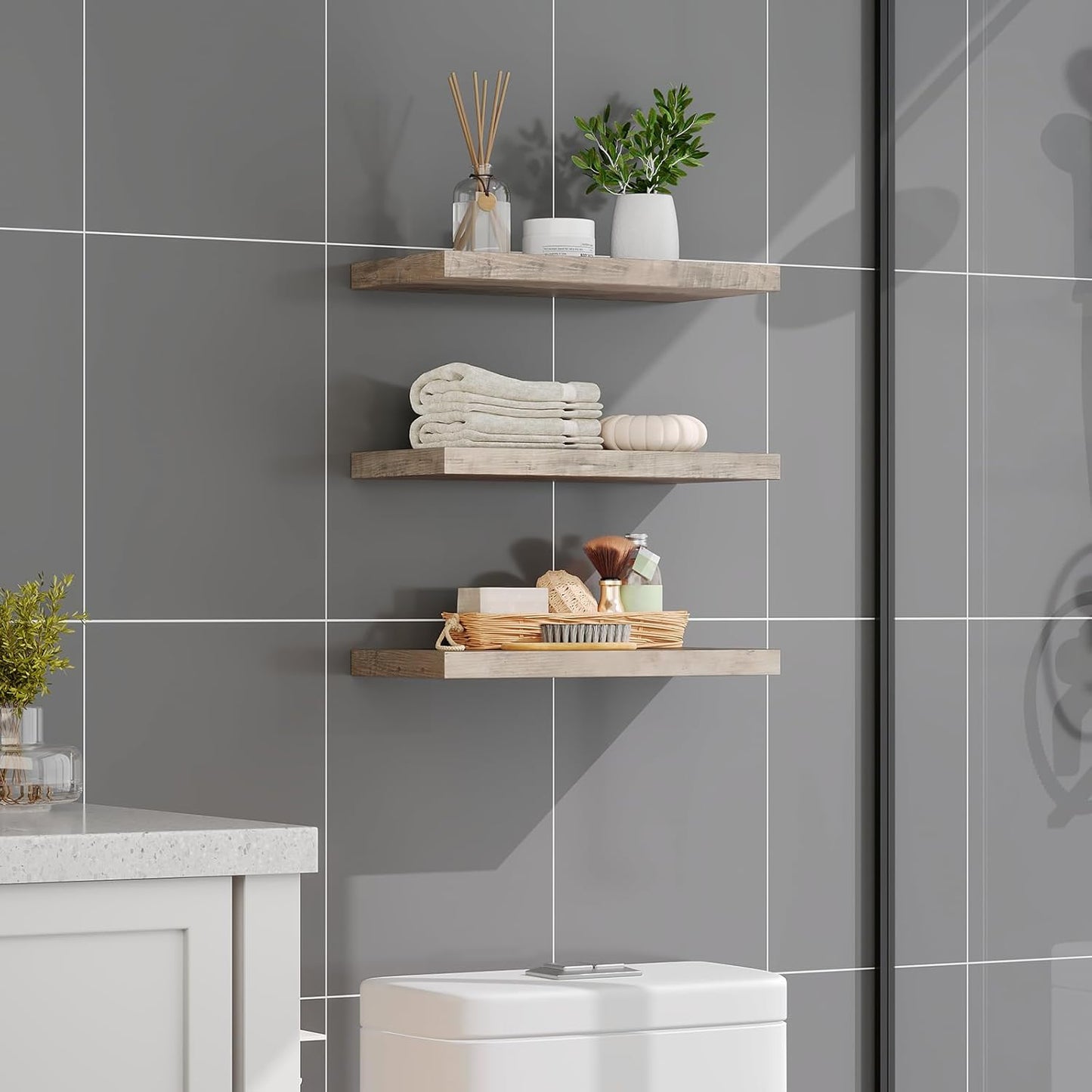 Floating Shelves for Wall, 1.5" Thick Wall Shelf Set of 3 with Invisible Brackets, 15.7L x 7.9W Hanging Book Shelves Farmhouse Home Decor for Bathroom, Living Room, Bedroom, Greige 4301BJP3BG