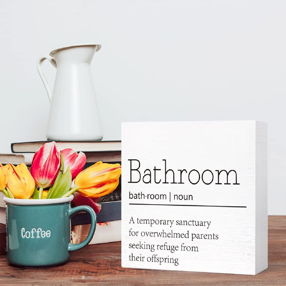 Funny Wood Sign for Bathroom & Toilet, Restroom Decor - Farmhouse Wooden Block Sign