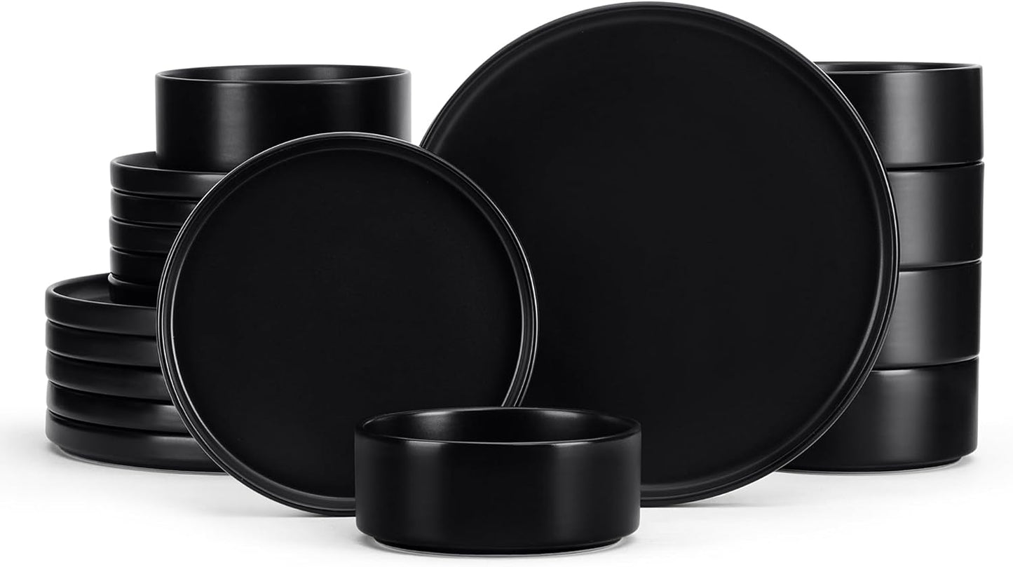 E-far Black Dinnerware Sets for 6, 18-Piece Stoneware Plates and Bowls Dish Set, Modern Kitchen Dinning Dishware, Chip and Scratch Resistant, Microwave & Dishwasher Safe, Matte Black