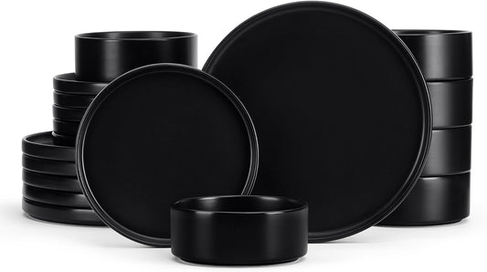 E-far Black Dinnerware Sets for 6, 18-Piece Stoneware Plates and Bowls Dish Set, Modern Kitchen Dinning Dishware, Chip and Scratch Resistant, Microwave & Dishwasher Safe, Matte Black