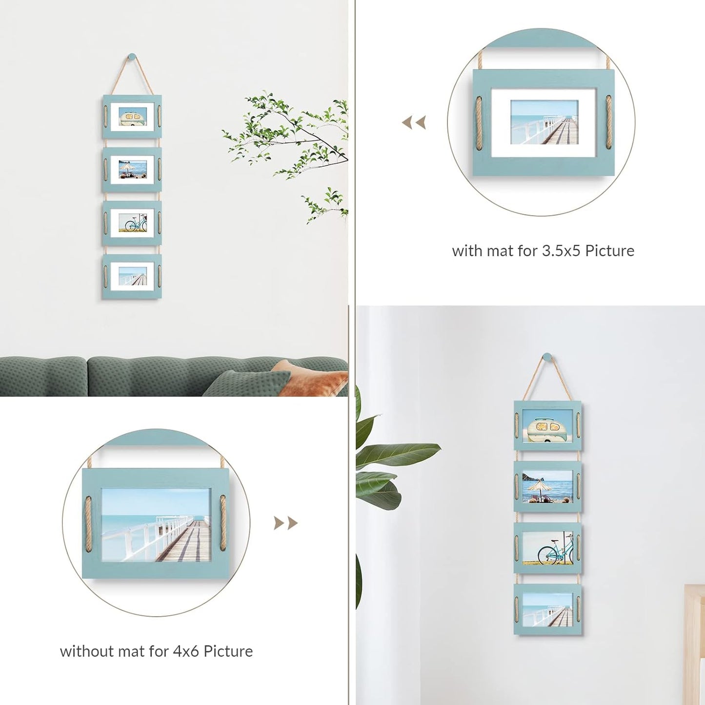 DLQuarts 4x6 Hanging Collage Picture Frames Wall Decor, 4-Opening 4x6 Photo without Mat Rustic Wood Frame with Hemp Rope, 1 Pack, Ocean Blue