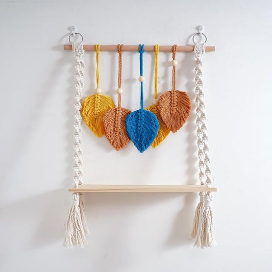 Macrame Wall Hanging Shelf, Bohemian Woven Tapestry Chic Woven Leaf Tassels Home Deco, Boho Handmade Wall Art Floating Shelf for Living Room, Bedroom, Nursery Backdrop, Apartment (Blue+Brown+Yellow)