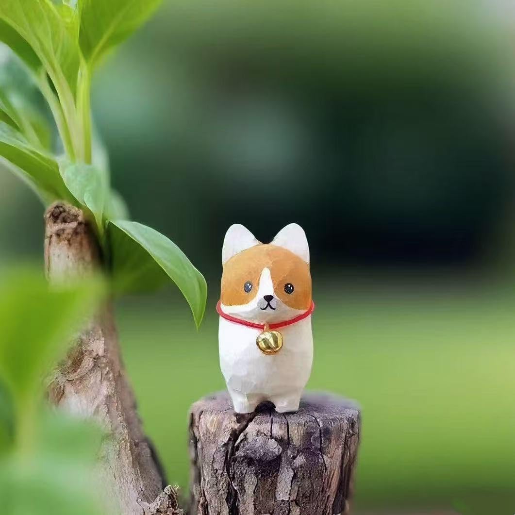 Handmade Wooden Corgi Figurine – Small 1.4" Carved Dog Statue with Round Base, Cute Desk or Shelf Decor, Unique Collectible Pet Memorial and Thoughtful Gift for Dog Lovers