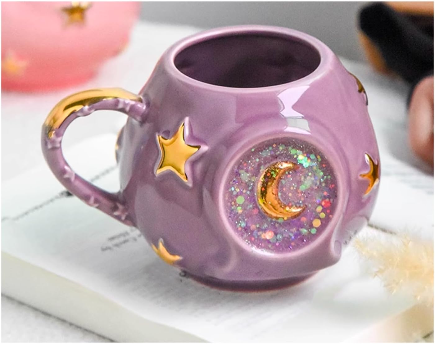 Handmade Coffee Cup 400ML with Fancy Tarot Star/Moon Design, Fashion Starry Sky Ice Coffee Cup, Gradient Pink Pottery Tea Cup for Home/Office (purple)