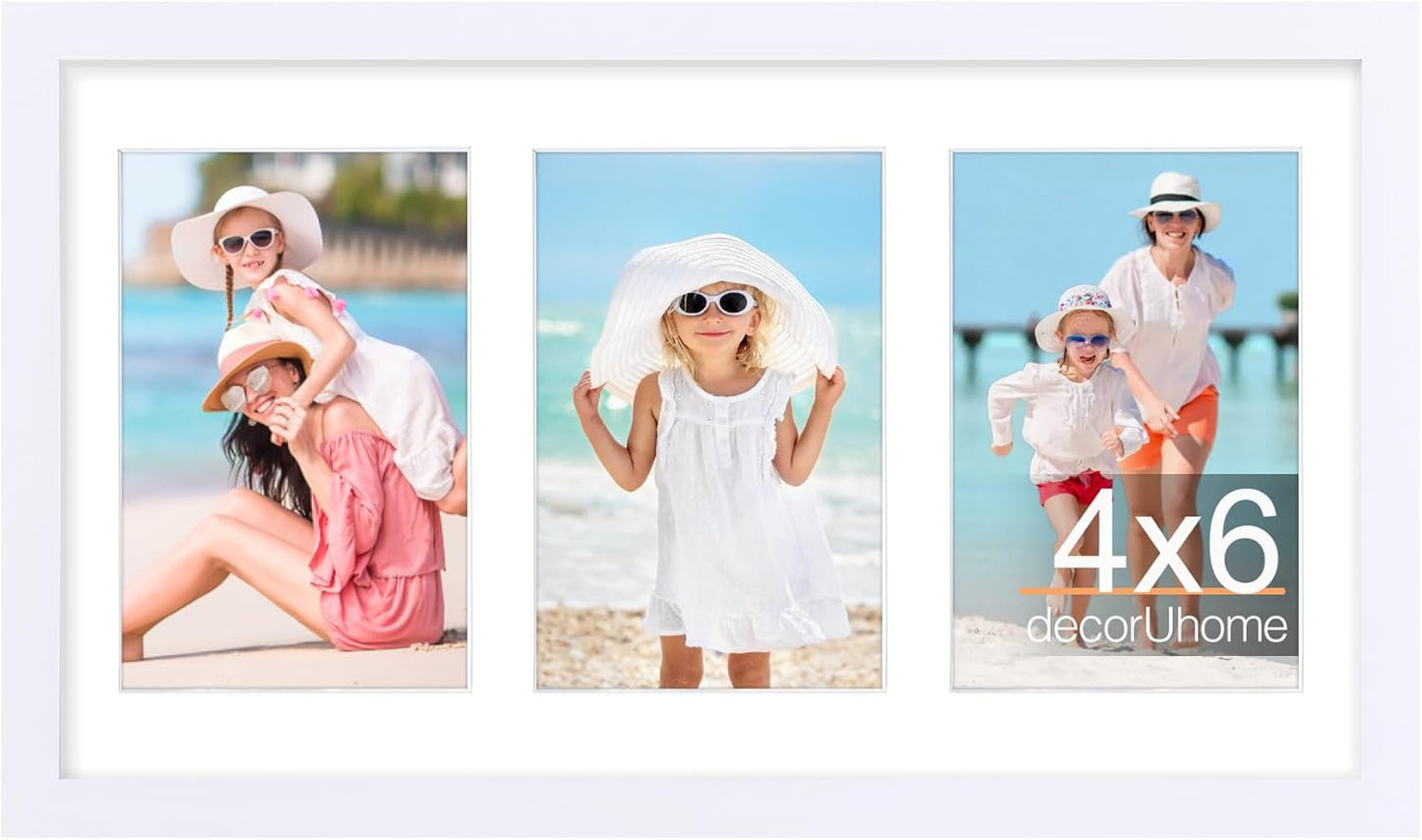 decorUhome 8x14 Picture Frames Collage Wall Decor, Display 3Pcs 4x6 Photos with Mat or 1Pcs 8x14 Unmatted, 3 4x6 Collage Picture Frames for Wall Mounting, White