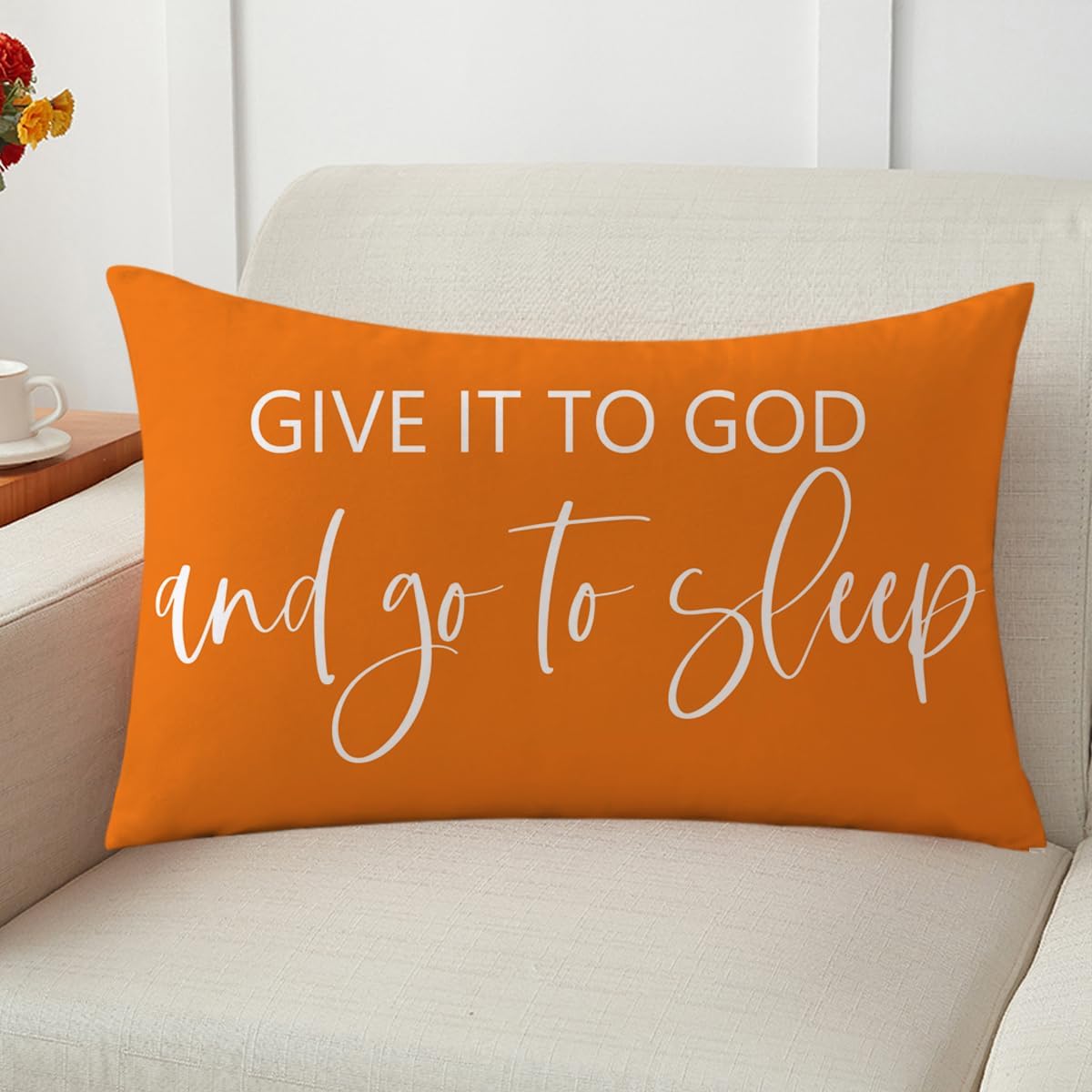 Bedding Decorative Pillowcases Reversible Give It to God and Go to Sleep Cushion Covers Sleep Themed Throw Pillow Covers 12''x20'' for Bedroom Guest Room Housewarming Gifts (Orange)