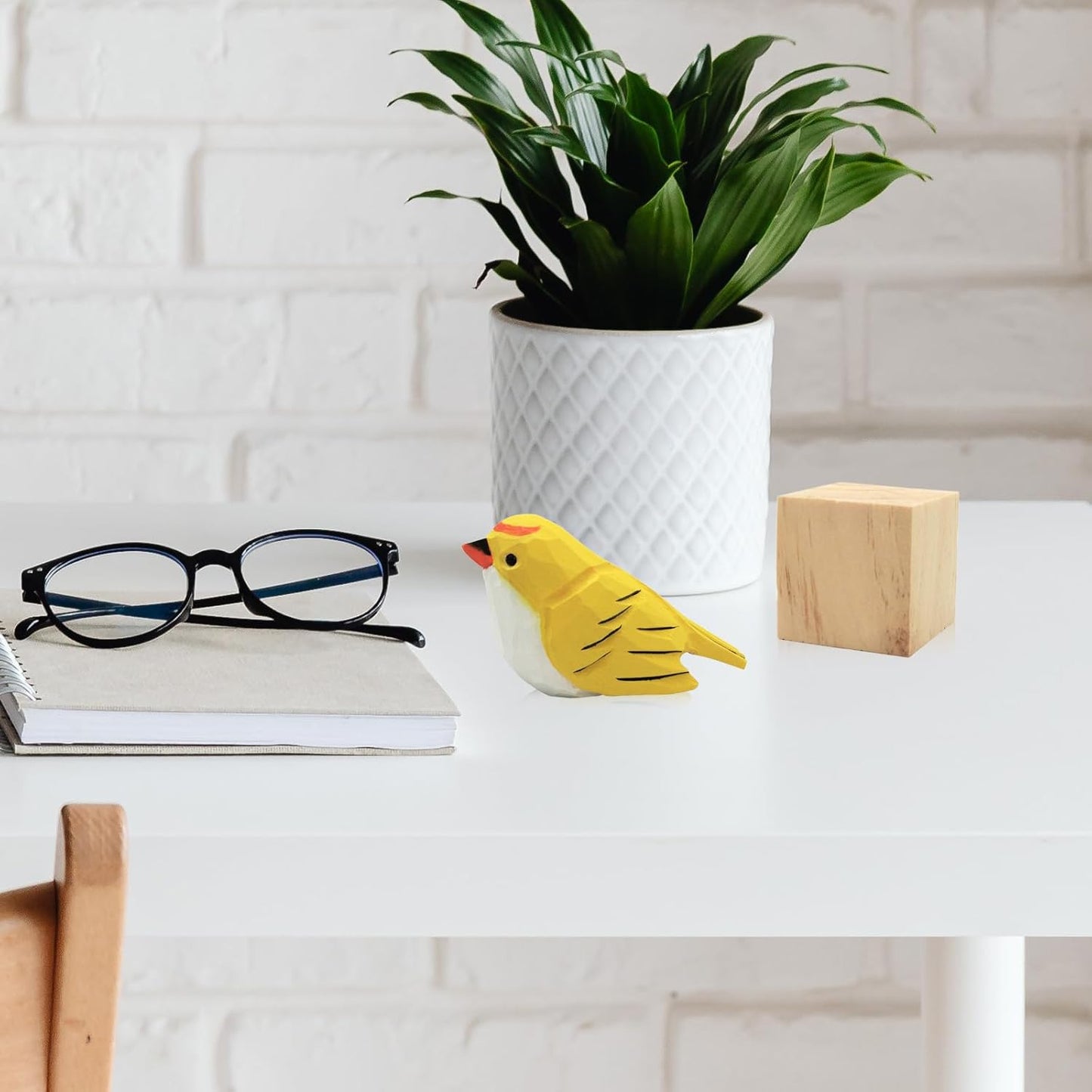 DIYOMR Bird Figurine, Hand Carved Birds Wood Décor, Art Animal Wooden Sculpted Bird with Wood Block, Vivid Bird Statue for Gift Home Table Ornament Decor (Yellow Bird)