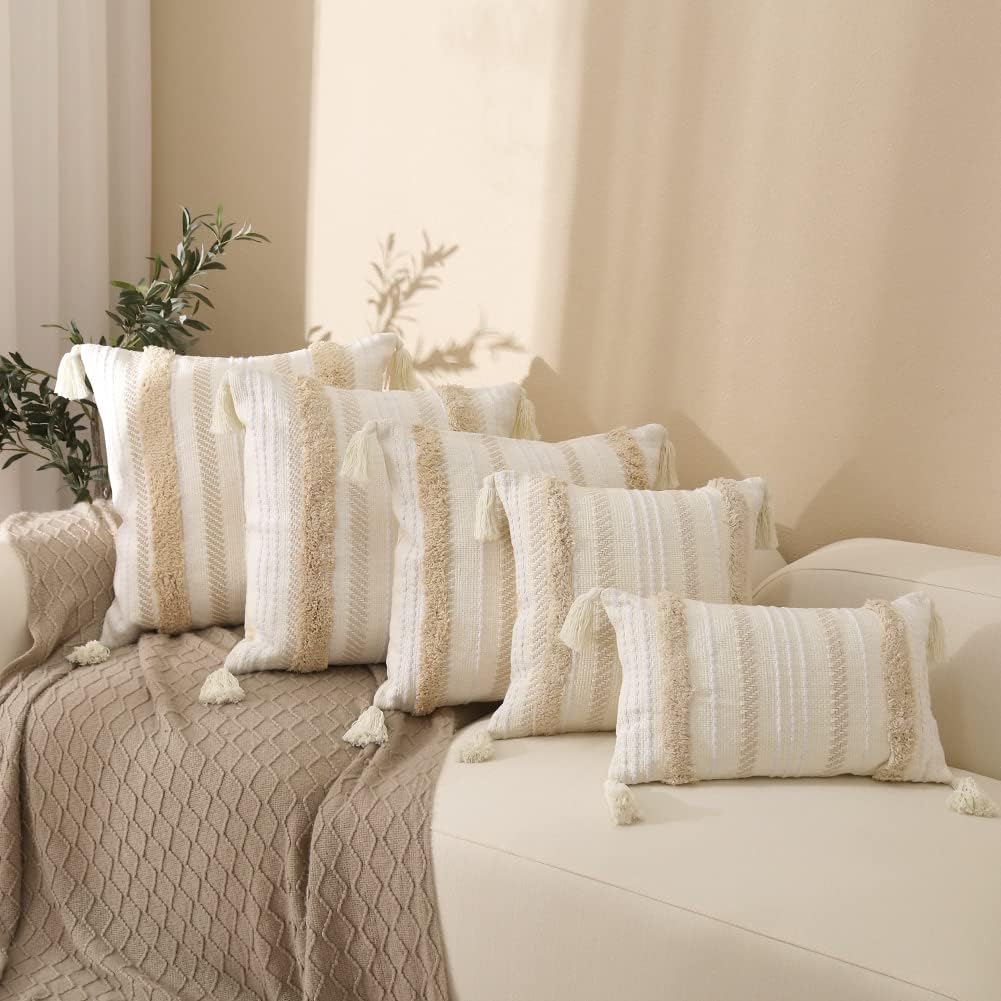 blue page Boho Tufted Throw Pillow Cover 24x24, Neutral Woven Decorative Square Pillow Case for Couch or Bed, Modern Farmhouse Accent, Yellowy Cream