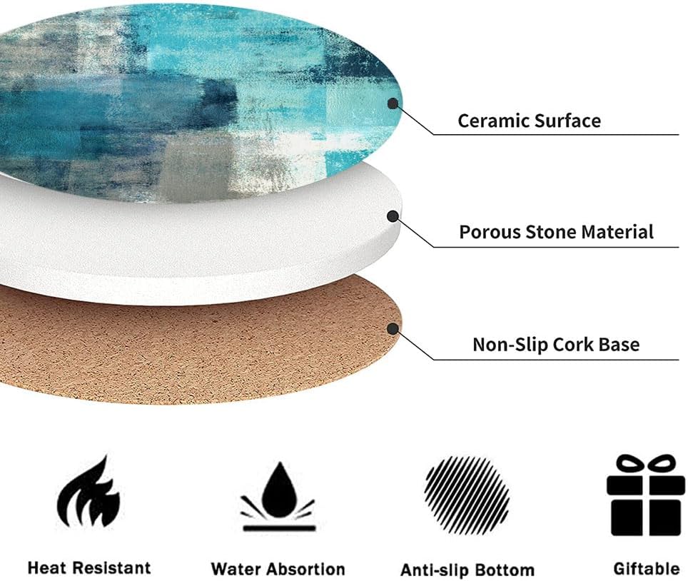 LOKMU Coasters for Drinks,Round Absorbent Ceramic Stone Coaster Sets of 6 with Metal Holder Stand, Turquoise and Grey Abstract Art Coasters with Cork Base for Coffee Wooden Table,Housewarming Gifts